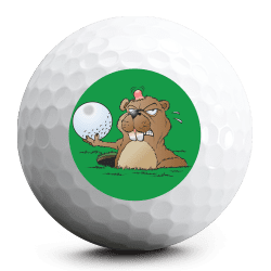 Whack-a-Gopher Golf Balls White golf ball with cartoon gopher embelishment. The gopher has a knot on his head and is holding a golf ball.
