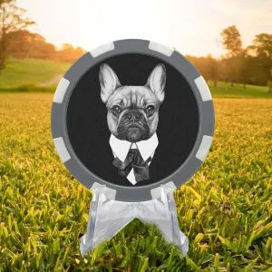Dog James Dog gray and white poker chip style golf ball marker.