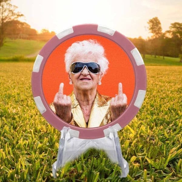 Gangster grandma pink and white poker chip style golf ball marker.