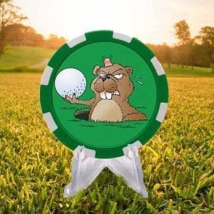 Angry gopher green and white poker chip style golfball marker.