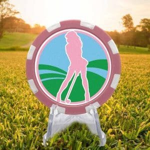 Ladies game pink and white poker chip style golf ball marker.