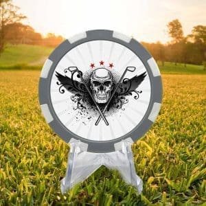 Skull and wings gray and white poker chip style golf ball marker.
